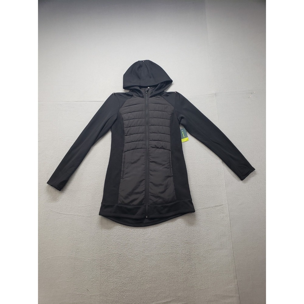 Tek Gear Women Quilted Jacket M Black Hooded Longline Full Zip Water Resistant